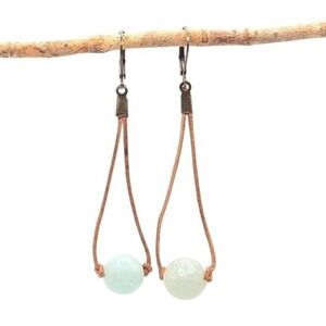 Handmade Leather Drop Earrings with Light Amazonite Faceted Stone Beads
